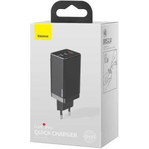 Ładowarka sieciowa Baseus GaN Pro, C+C+A, 65W, EU (czarna)