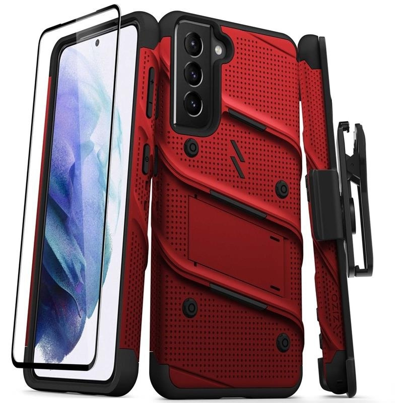 Zizo Distributor - 888488331676 - ZIZ065REDBLK - Zizo Bolt Cover - Samsung Galaxy S21 5G armored case with 9H glass for the screen + stand & belt clip (red / black) - B2B homescreen