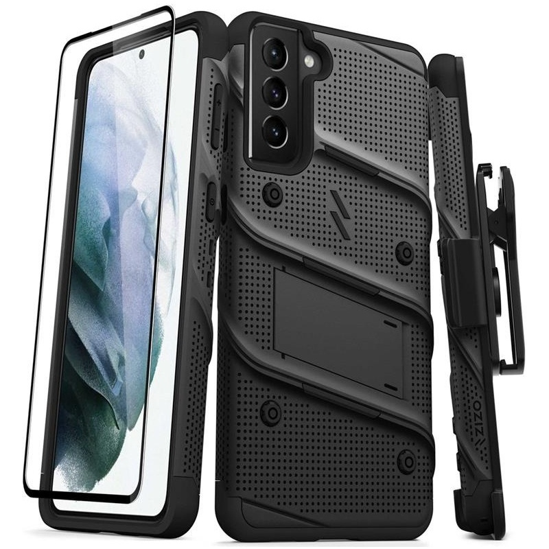 Zizo Distributor - 888488331775 - ZIZ066BLK - Zizo Bolt Cover - Samsung Galaxy S21 + 5G armored case with 9H glass for the screen + stand & belt clip (black) - B2B homescreen