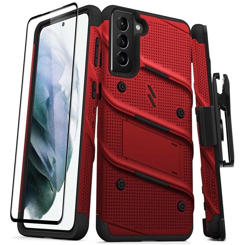 Zizo Distributor - 888488331782 - ZIZ067REDBLK - Zizo Bolt Cover - Samsung Galaxy S21 + 5G armored case with 9H glass for the screen + stand & belt clip (red / black) - B2B homescreen