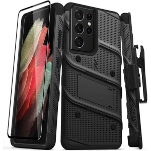 Hurtownia GSM - Pancerne etui Zizo Bolt Cover Samsung Galaxy S21 Ultra ze szkłem 9H na ekran + podstawka & uchwyt do paska (czarny) - ZIZ068BLK - {ean13} - Hurt