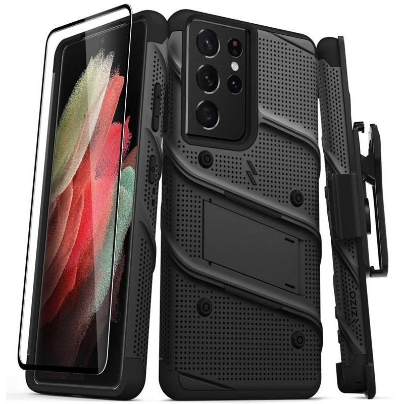 Zizo Distributor - 888488331881 - ZIZ068BLK - Zizo Bolt Cover - Samsung Galaxy S21 Ultra 5G armored case with 9H glass for the screen + stand & belt clip (black) - B2B homescreen