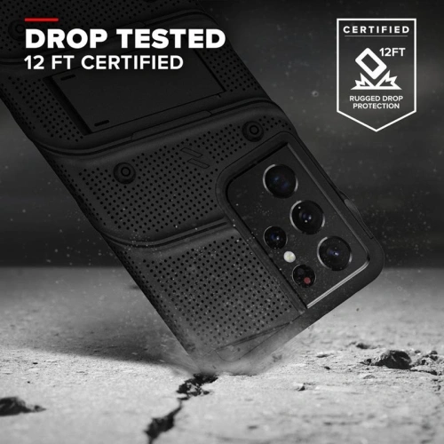 Pancerne etui Zizo Bolt Cover Samsung Galaxy S21 Ultra ze szkłem 9H na ekran + podstawka & uchwyt do paska (czarny)