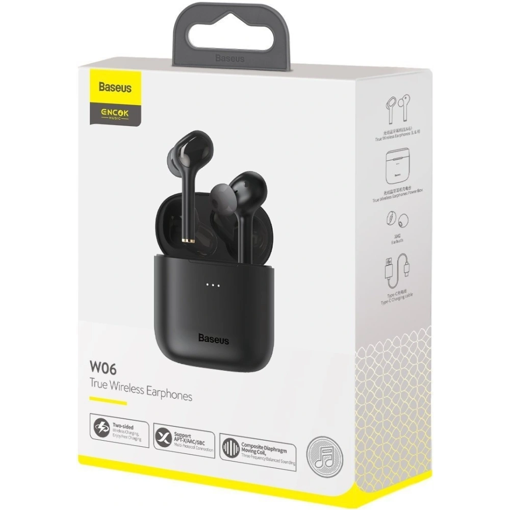 Hurtownia GSM - Słuchawki TWS Baseus Encok W06, Bluetooth 5.0, aptX, ładowanie indukcyjne (czarne) - BSU2030BLK - {ean13} - Hurt