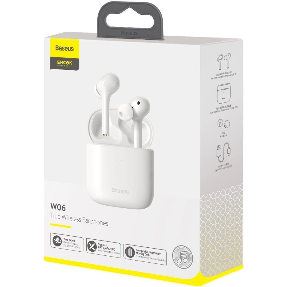 Hurtownia GSM - Słuchawki TWS Baseus Encok W06, Bluetooth 5.0, aptX, ładowanie indukcyjne (białe) - BSU2031WHT - {ean13} - Hurt