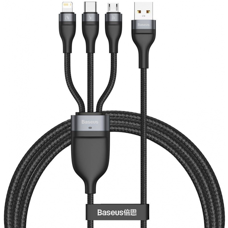 Hurtownia Baseus - 6953156229822 - BSU2033BLK - Kabel USB 3w1 Baseus Flash Series, USB-C + micro USB + Lightning, 40W, 5A, 1.2m (czarny) - B2B homescreen
