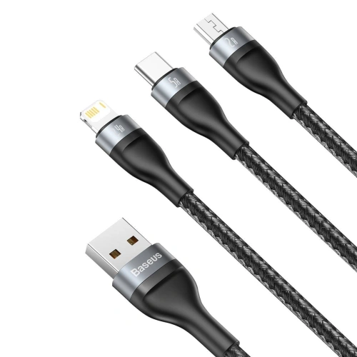 Kabel USB 3w1 Baseus Flash Series, USB-C + micro USB + Lightning, 40W, 5A, 1.2m (czarny)