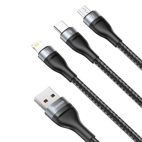Kabel USB 3w1 Baseus Flash Series, USB-C + micro USB + Lightning, 40W, 5A, 1.2m (czarny)