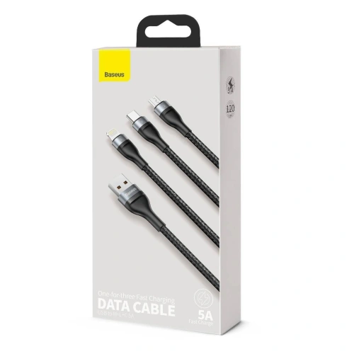Kabel USB 3w1 Baseus Flash Series, USB-C + micro USB + Lightning, 40W, 5A, 1.2m (czarny)