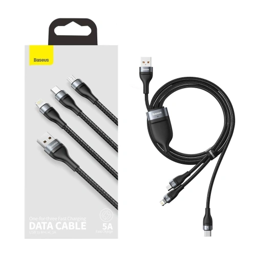 Kabel USB 3w1 Baseus Flash Series, USB-C + micro USB + Lightning, 40W, 5A, 1.2m (czarny)