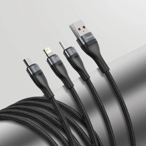 Kabel USB 3w1 Baseus Flash Series, USB-C + micro USB + Lightning, 40W, 5A, 1.2m (czarny)