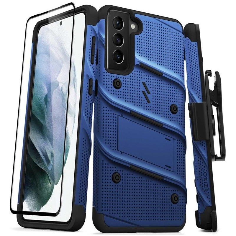 Zizo Distributor - 888488331799 - ZIZ069BLUBLK - Zizo Bolt Cover - Samsung Galaxy S21+ Plus 5G armored case with 9H glass for the screen + stand & belt clip (blue / black) - B2B homescreen