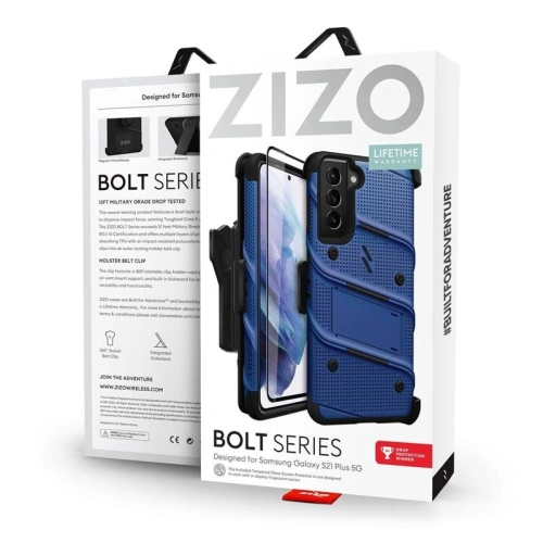 Pancerne etui Zizo Bolt Cover Samsung Galaxy S21+ Plus ze szkłem 9H na ekran + podstawka & uchwyt do paska (niebieski/czarny)