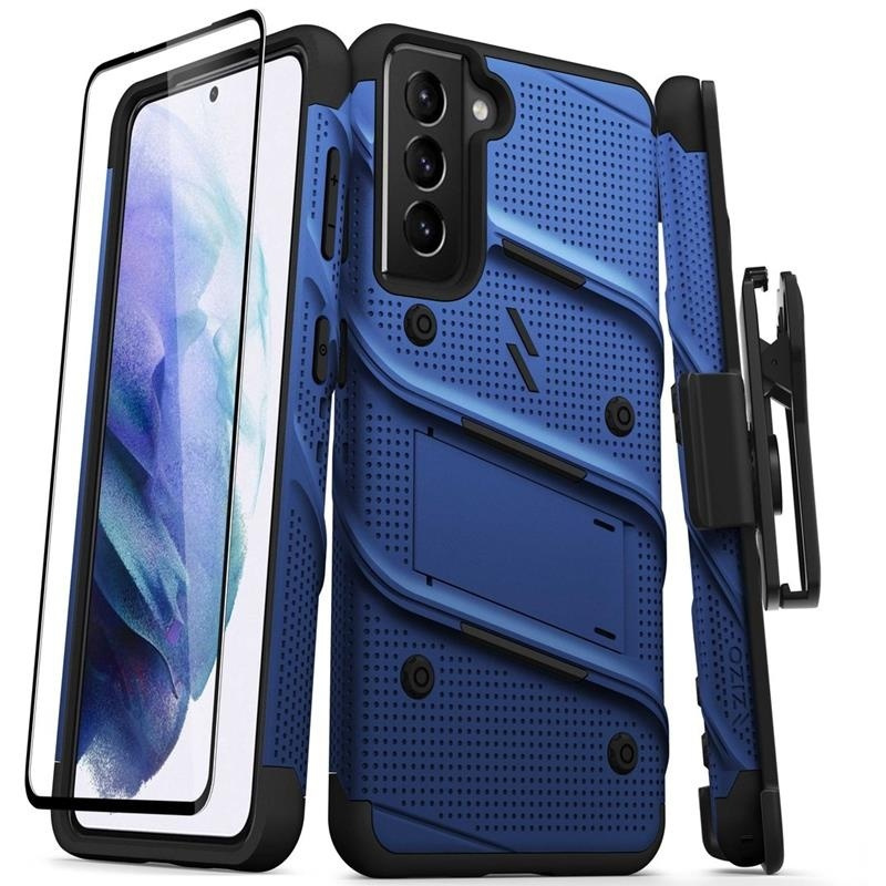 Zizo Distributor - 888488331683 - ZIZ070BLUBLK - Zizo Bolt Cover - Samsung Galaxy S21 5G armored case with 9H glass for the screen + stand & belt clip (blue / black) - B2B homescreen