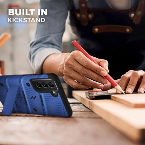 Pancerne etui Zizo Bolt Cover Samsung Galaxy S21 ze szkłem 9H na ekran + podstawka & uchwyt do paska (niebieski/czarny)