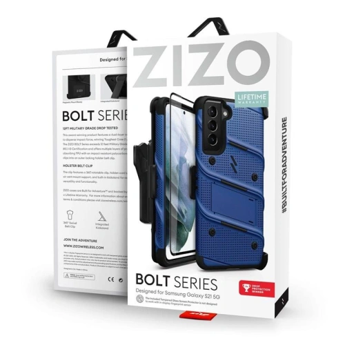 Pancerne etui Zizo Bolt Cover Samsung Galaxy S21 ze szkłem 9H na ekran + podstawka & uchwyt do paska (niebieski/czarny)