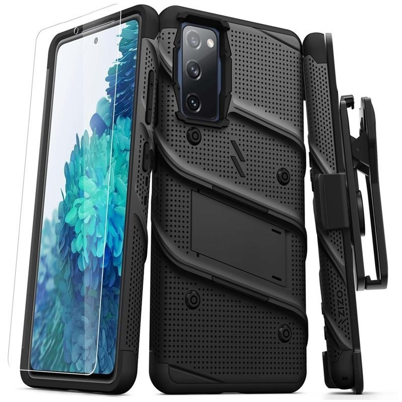 Zizo Distributor - 888488331546 - ZIZ071BLK - Zizo Bolt Cover - Samsung Galaxy S20 FE armored case with 9H glass for the screen + stand & belt clip (black) - B2B homescreen