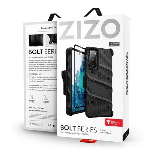 Pancerne etui Zizo Bolt Cover Samsung Galaxy S20 FE ze szkłem 9H na ekran + podstawka & uchwyt do paska (czarny)