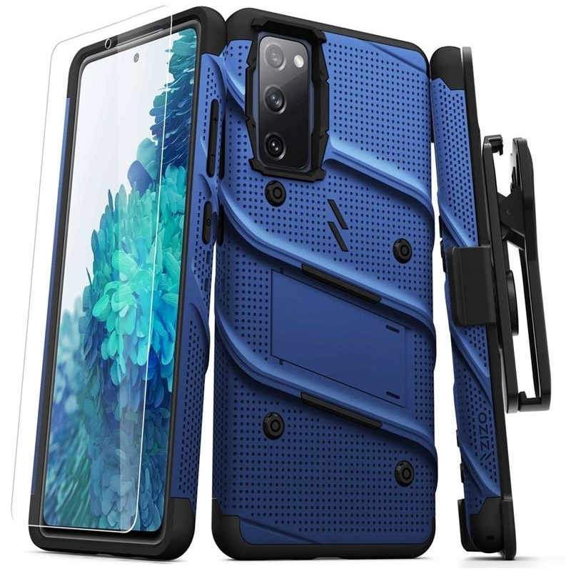 Zizo Distributor - 888488331539 - ZIZ072BLUBLK - Zizo Bolt Cover - Samsung Galaxy S20 FE armored case with 9H glass for the screen + stand & belt clip (blue / black) - B2B homescreen
