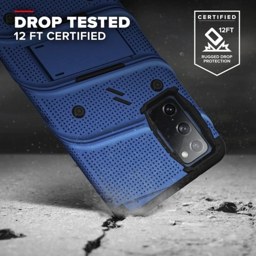 Pancerne etui Zizo Bolt Cover Samsung Galaxy S20 FE ze szkłem 9H na ekran + podstawka & uchwyt do paska (niebieski/czarny)