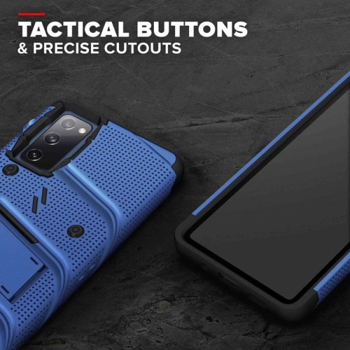 Pancerne etui Zizo Bolt Cover Samsung Galaxy S20 FE ze szkłem 9H na ekran + podstawka & uchwyt do paska (niebieski/czarny)