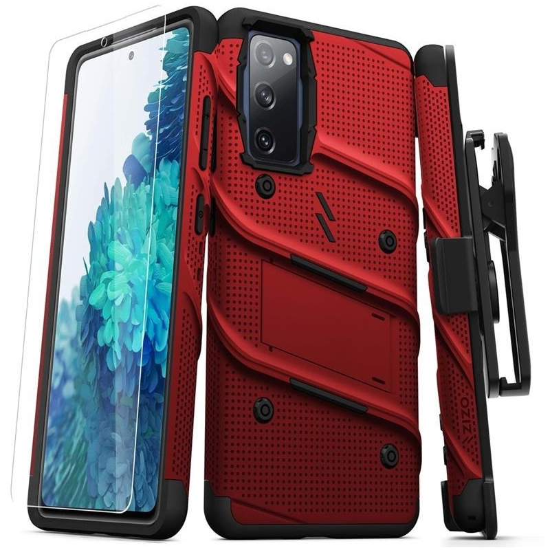 Zizo Distributor - 888488331522 - ZIZ073REDBLK - Zizo Bolt Cover - Samsung Galaxy S20 FE armored case with 9H glass for the screen + stand & belt clip (red / black) - B2B homescreen