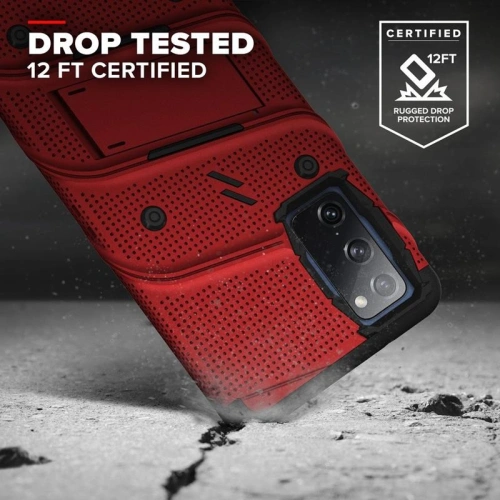 Pancerne etui Zizo Bolt Cover Samsung Galaxy S20 FE ze szkłem 9H na ekran + podstawka & uchwyt do paska (czerwony/czarny)