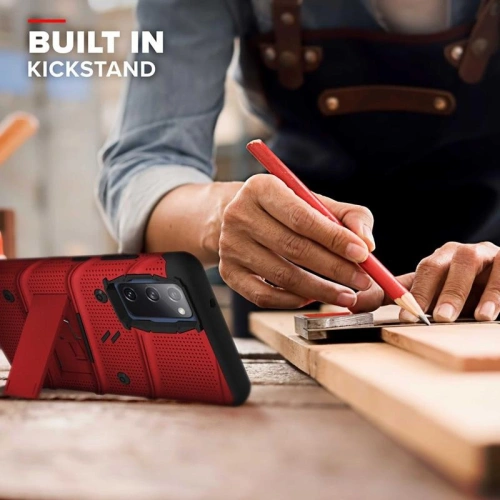 Pancerne etui Zizo Bolt Cover Samsung Galaxy S20 FE ze szkłem 9H na ekran + podstawka & uchwyt do paska (czerwony/czarny)