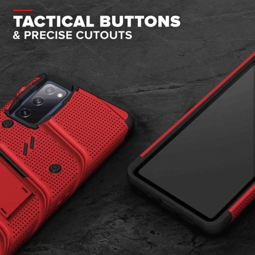 Pancerne etui Zizo Bolt Cover Samsung Galaxy S20 FE ze szkłem 9H na ekran + podstawka & uchwyt do paska (czerwony/czarny)