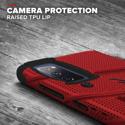 Pancerne etui Zizo Bolt Cover Samsung Galaxy S20 FE ze szkłem 9H na ekran + podstawka & uchwyt do paska (czerwony/czarny)