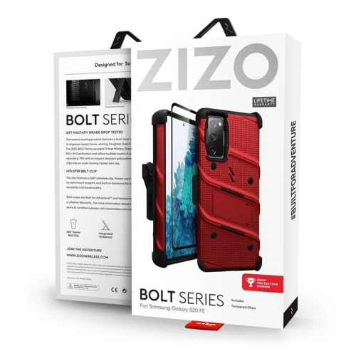 Pancerne etui Zizo Bolt Cover Samsung Galaxy S20 FE ze szkłem 9H na ekran + podstawka & uchwyt do paska (czerwony/czarny)