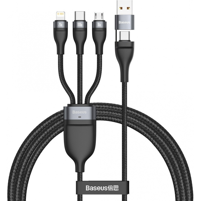 Hurtownia Baseus - 6953156229846 - BSU2051BLK - Kabel USB 3w1 Baseus Flash Series, USB / USB-C do USB-C + micro USB + Lightning, 100W, 1.2m (czarny) - B2B homescreen
