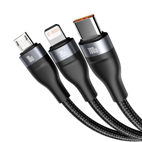 Kabel USB 3w1 Baseus Flash Series, USB / USB-C do USB-C + micro USB + Lightning, 100W, 1.2m (czarny)