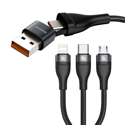Kabel USB 3w1 Baseus Flash Series, USB / USB-C do USB-C + micro USB + Lightning, 100W, 1.2m (czarny)
