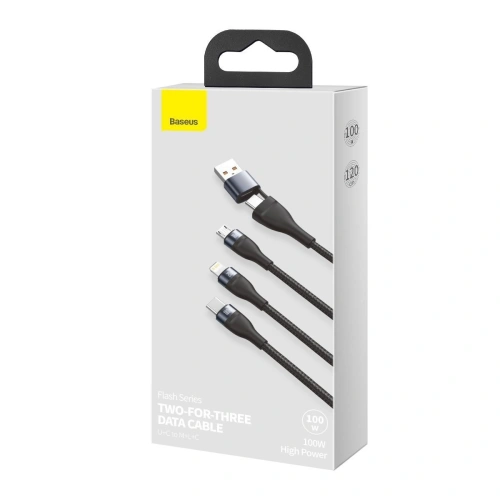 Kabel USB 3w1 Baseus Flash Series, USB / USB-C do USB-C + micro USB + Lightning, 100W, 1.2m (czarny)