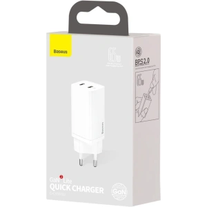 Ładowarka sieciowa Baseus GaN Lite, 2x USB-C, 65W, EU (biała)