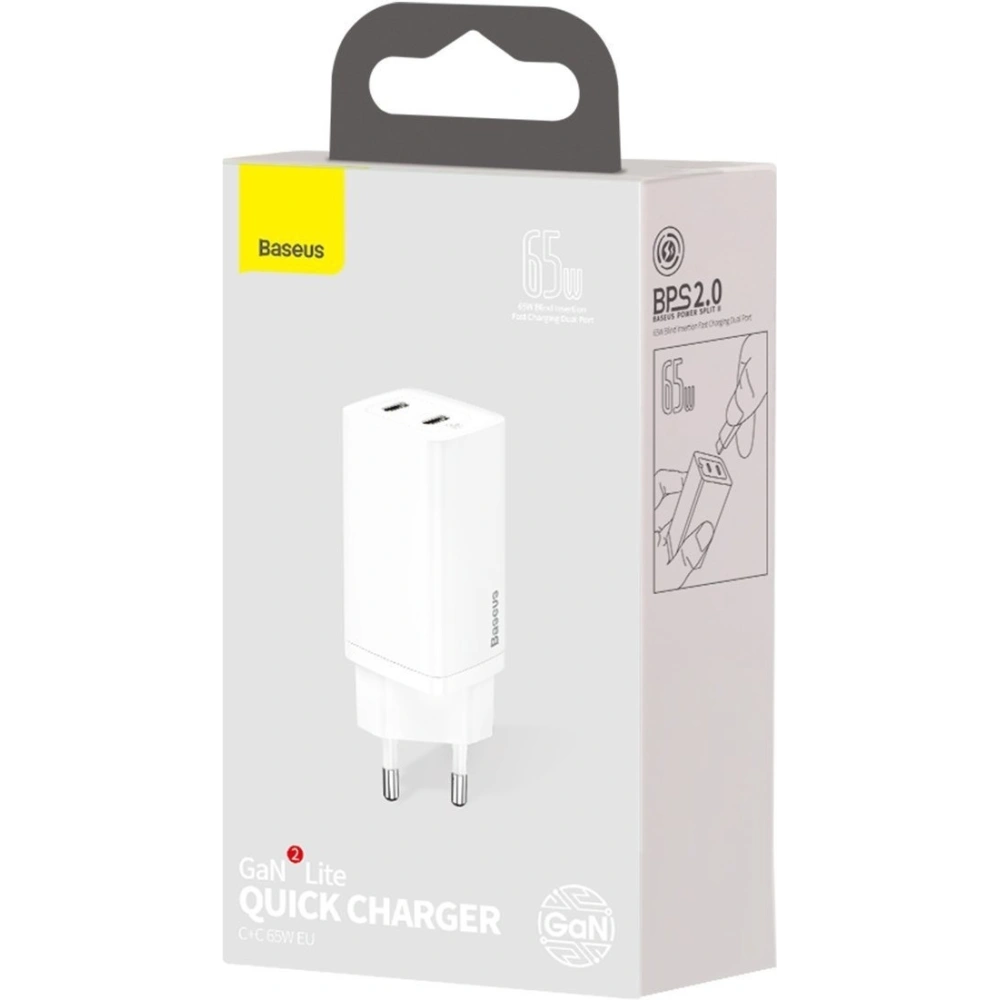 Hurtownia GSM - Ładowarka sieciowa Baseus GaN Lite, 2x USB-C, 65W, EU (biała) - BSU2059WHT - {ean13} - Hurt