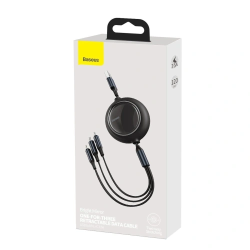 Kabel USB 3w1 Baseus Bright Mirror, micro USB / Lightning / USB-C, płaski, 3.5A, 1,2m (czarny)