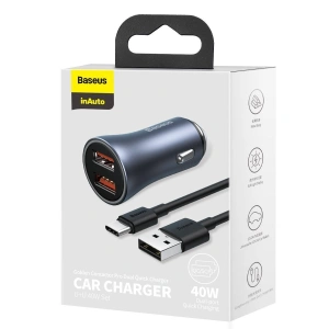 Hurtownia GSM - Ładowarka samochodowa Baseus Golden Contactor Pro, 2x USB, QC, SCP, 40W (szara) + kabel USB do USB-C 1m (czarny) - BSU2079BLK - {ean13} - Hurt
