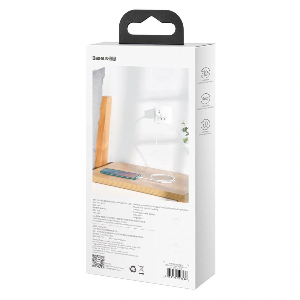 Hurtownia GSM - Kabel micro USB do USB Baseus Simple Wisdom, 2.1A, 1.5m (biały) 2szt. - BSU2080WHT - {ean13} - Hurt