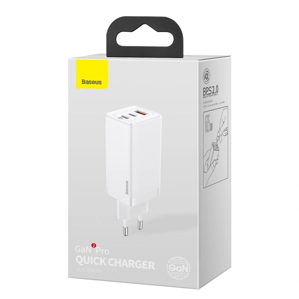 Hurtownia GSM - Ładowarka sieciowa Baseus GaN Pro, C+C+A, 65W, EU (biała) - BSU2090WHT - {ean13} - Hurt
