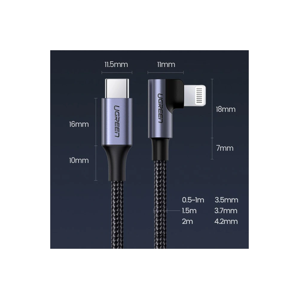 Hurtownia GSM - UGREEN MFI kątowy kabel przewód z bocznym wtykiem USB Typ C - Lightning Power Delivery 3 A 1,5 m szary (60764 US305) - UGR703GRY - {ean13} - Hurt