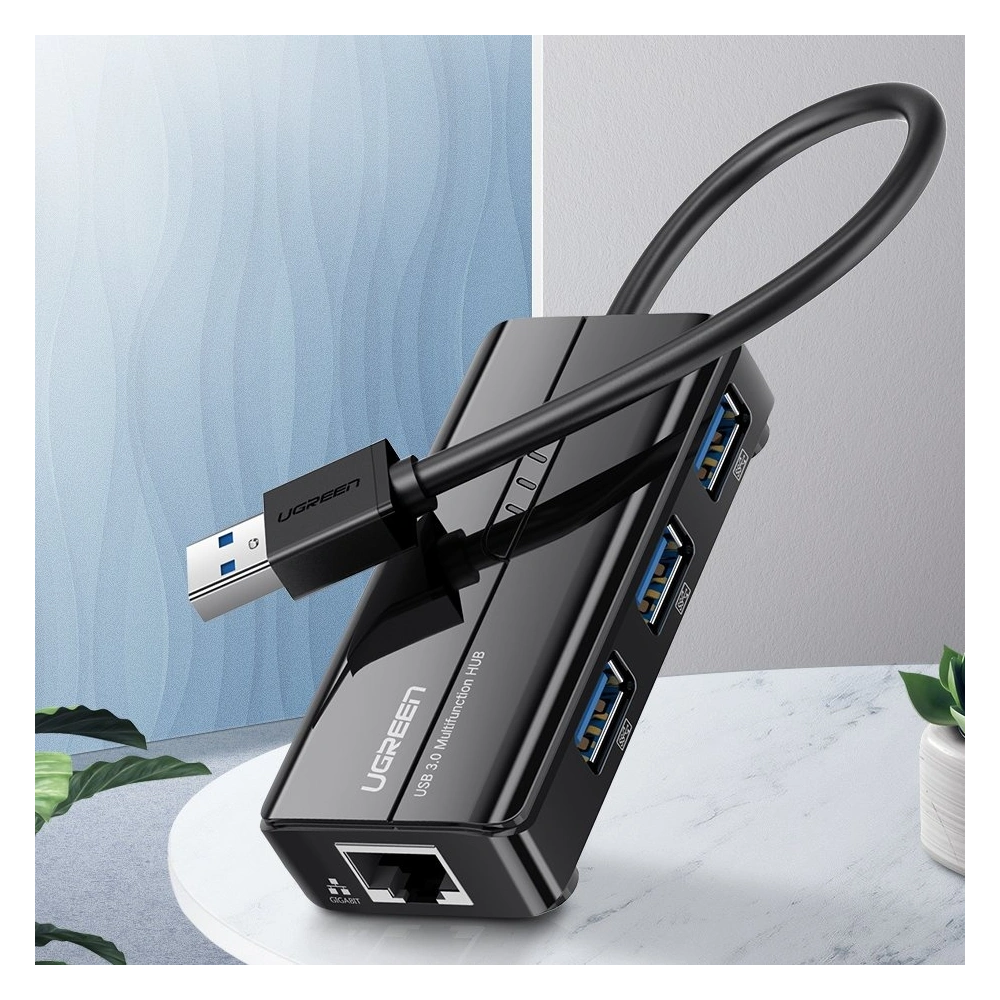 Hurtownia GSM - Ugreen rozdzielacz HUB 3x USB 3.0 zewnętrzna karta sieciowa RJ45 Giga Ethernet czarny (20265) - UGR807BLK - {ean13} - Hurt