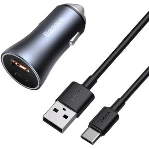 Hurtownia GSM - Ładowarka samochodowa Baseus Golden Contactor Pro, USB + USB-C, QC4.0+, PD, SCP, 40W (szara) + kabel USB do USB-C 1m (czarny) - BSU2166BLK - {ean13} - Hurt
