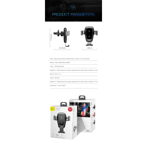 Uchwyt samochodowy z ładowarką indukcyjną Baseus Metal Gravity Car Mount Wireless Charger