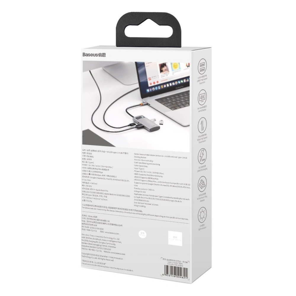 Hurtownia GSM - Hub 4w1 Baseus Metal Gleam Series, USB-C na USB 3.0 + USB 2.0 + HDMI + USB-C PD - BSU2370 - {ean13} - Hurt