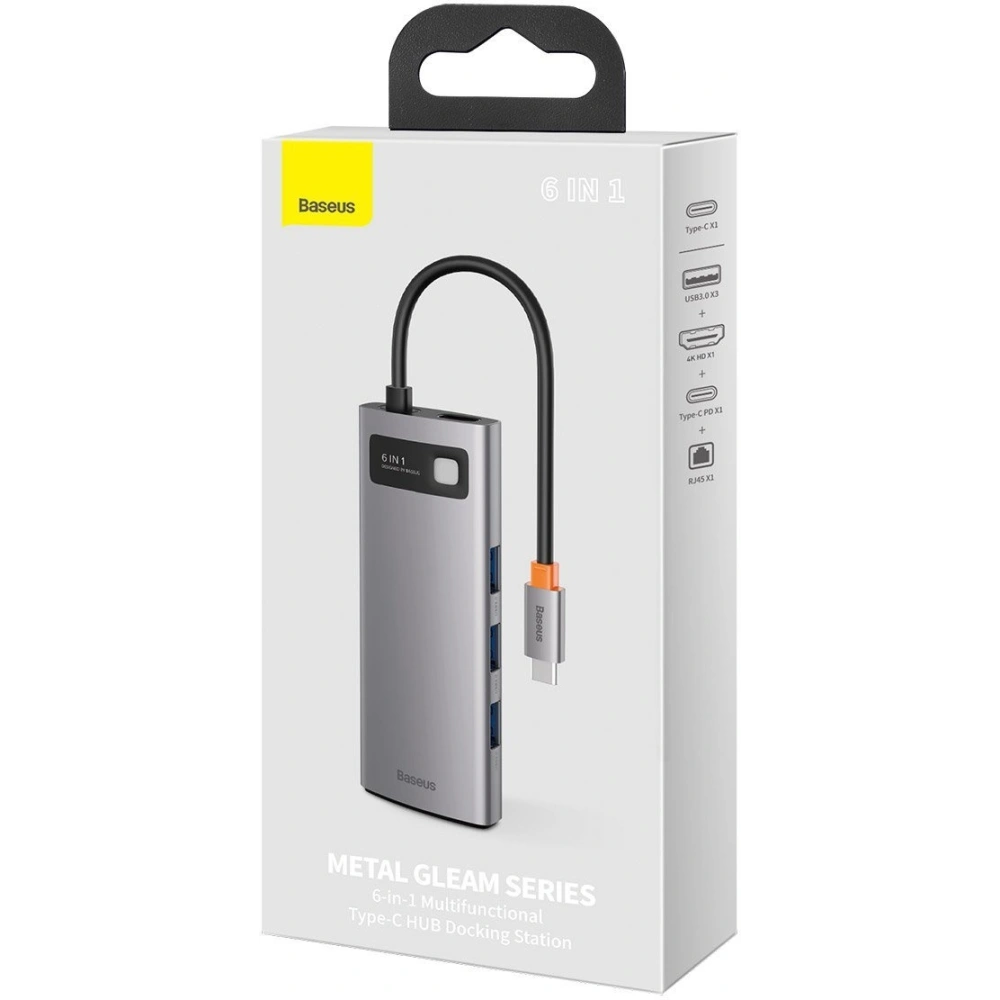 Hurtownia GSM - Hub 6v1 Baseus Metal Gleam Series, USB-C na 3x USB 3.0 + HDMI + USB-C PD + Ethernet RJ45 - BSU2372 - {ean13} - Hurt