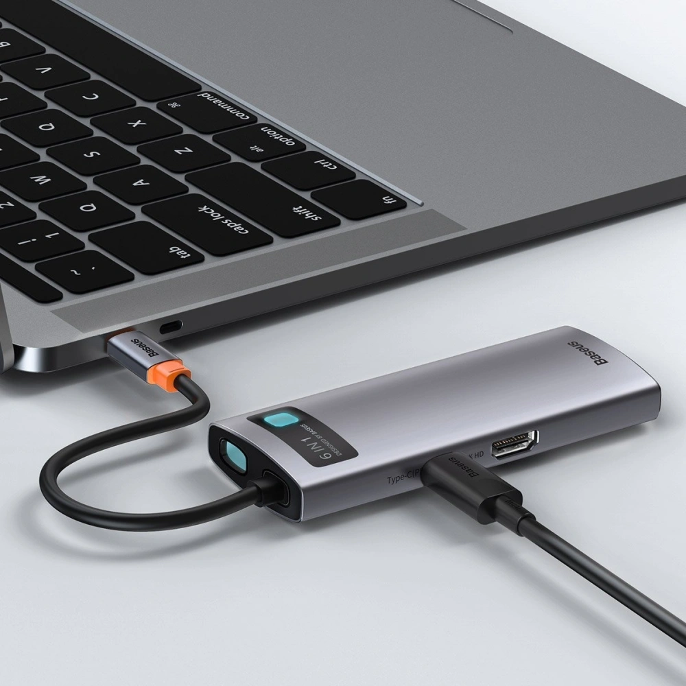 Hurtownia GSM - Hub 6v1 Baseus Metal Gleam Series, USB-C na 3x USB 3.0 + HDMI + USB-C PD + Ethernet RJ45 - BSU2372 - {ean13} - Hurt