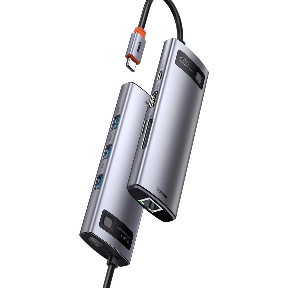 Hurtownia GSM - Hub 8w1 Baseus Metal Gleam Series, USB-C na 3x USB 3.0 + HDMI + USB-C PD + Ethernet RJ45 + microSD/SD - BSU2373 - {ean13} - Hurt