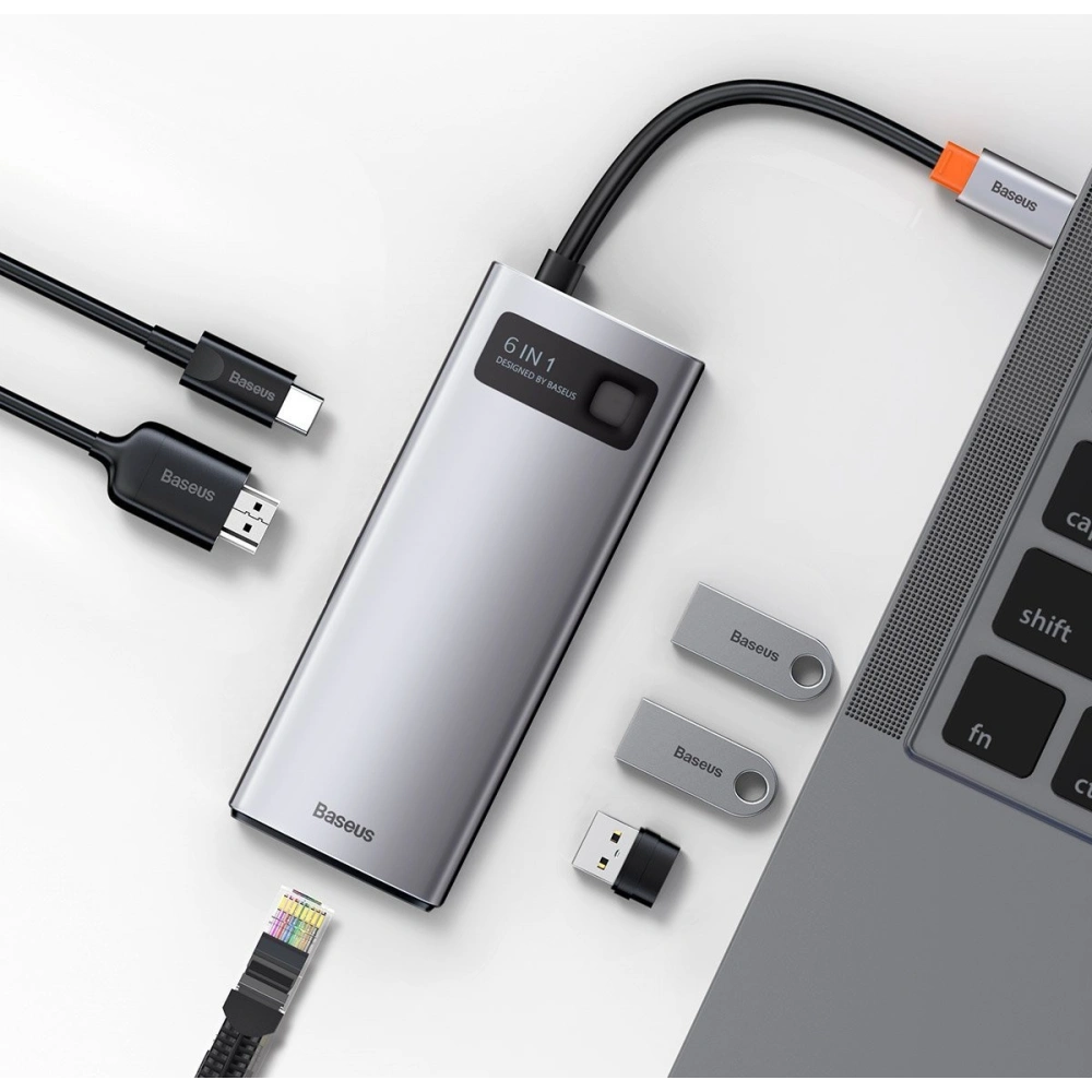 Hurtownia GSM - Hub 6v1 Baseus Metal Gleam Series, USB-C na 3x USB 3.0 + HDMI + USB-C PD + Ethernet RJ45 - BSU2372 - {ean13} - Hurt